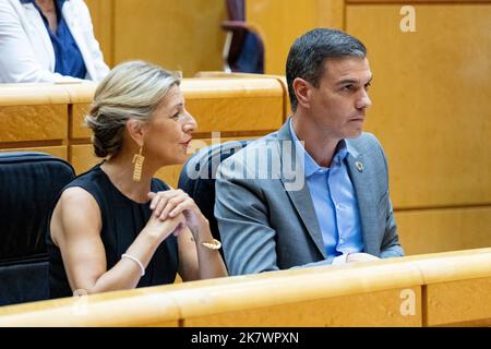 Pedro Sánchez Pérez-Castejón und Yolanda Díaz. Präsident der spanischen Regierung und zweiter Vizepräsident der spanischen Regierung im Senat Stockfoto