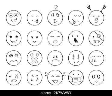 Emoticon Gesichter Icon Set Vektor im Doodle Stil. Einfache Emoji-Piktogramme im handgezeichneten Stil. Skizze, komische Emotionsgesichter. Zeichen der Stimmung, Liebe, glücklich, Stock Vektor