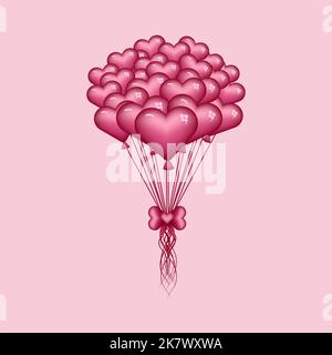 Festliche Reihe von lila Form der Herzfliege Ballons mit einem herzförmigen Schleife auf rosa Hintergrund für Valentinstag-Karten gebunden. Vektorgrafik Stock Vektor