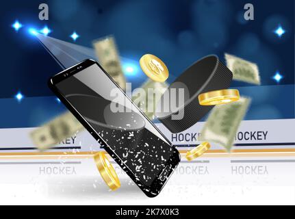 Online-Wetten Vektor Poster Banner Design Vorlage. Handy, Pokal und Dollarmünzen. Stock Vektor