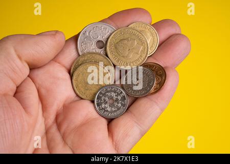 Einige dänische Kronen-Münzen auf der Handfläche Stockfoto