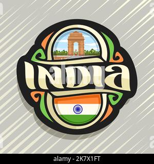 Vektor logo für Indien Land, Kühlschrank Magnet mit indischen Staat Flag für Independence Day, ursprünglichen Bürste Schrift für Wort Indien und nationalen indischen s Stock Vektor