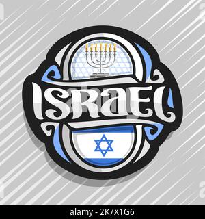 Vektor logo für Israel Land, Kühlschrank Magnet mit israelischen Staat Flagge, original brush Schrift für Wort Israel und nationalen jüdischen Symbol - menorah wi Stock Vektor