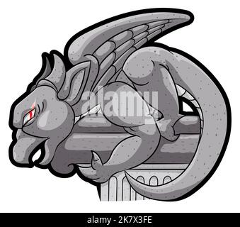 Steingargoyle mit wildem Aussehen und rot leuchtenden Augen über einem Gesims. Stock Vektor