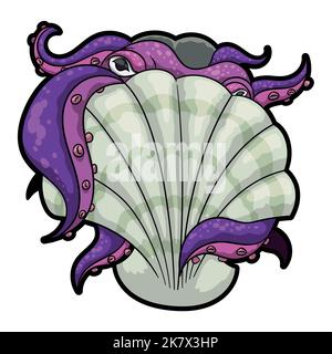 Violette und schüchterne Kraken in einer Muschel, die sie mit ihren Tentakeln umarmt. Stock Vektor