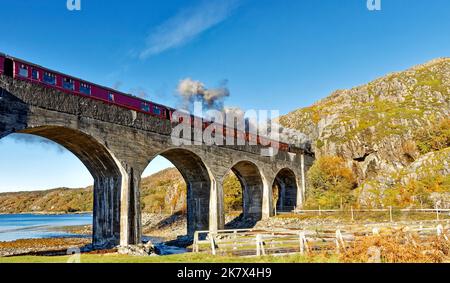 Jacobite Steam Train überquert acht Bogen Nan Uamh Viaduct Westküste Bahnlinie Schottland und Eintritt in den Tunnel Stockfoto