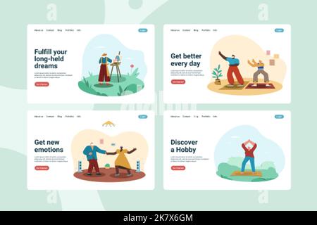 Landing-Page-Vorlage für Freizeit und Hobby. Ältere Menschen aktiv Freizeit Lebensstil. Flache ältere Charaktere, die zu Hause tanzen. Pensionierter Mann und Frau beim Sport und Malen, Vektor-Webbanner. Stock Vektor