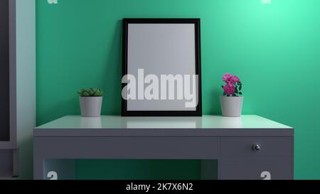 Leerer Fotorahmen im Raum 3D Rendering, Dekorative Gestaltung für Rauminterieur 3D Rendering, leerer Rahmen Konzeptdesign 3D Illustration, blank schwarz Foto f Stockfoto