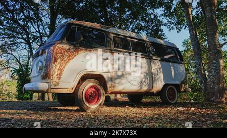 Alte klassische historische Volkswagen vintage Mikro-Bus mit roten Rädern und Rost auf der Karosserie Stockfoto