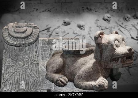 Menschliche Opfer - zwei Chac Mool Azteken. In Stein, Behälter, in denen menschliche Herzen als Opfergaben platziert wurden Stockfoto