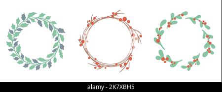Festgesetzte Weihnachtskränze. Urlaub Kränze mit Blättern. Satz Kränze. Niedliche Zierelemente. Vektorgrafik. Stock Vektor