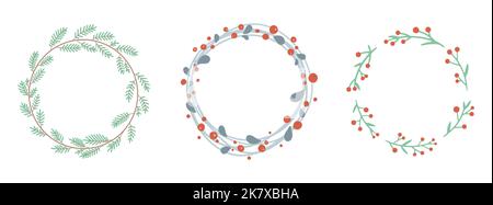 Festgesetzte Weihnachtskränze. Urlaub Kränze mit Blättern. Satz Kränze. Niedliche Zierelemente. Vektorgrafik. Stock Vektor