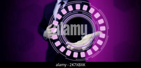Mann Steht Und Hält Tablet Und Drückt Auf Die Virtuelle Taste. Business Man Tragerad Tapping Switch Zeigt Neue Futuristische Technologien. Stockfoto