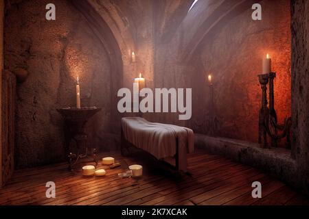 Dracula Schloss Zelle Innenraum mit Ketten von Kerzenständer und Bett in einem Horror Halloween-Thema. Ein Innenort für einen siebenbürgischen Vampir-Dungeons Stockfoto