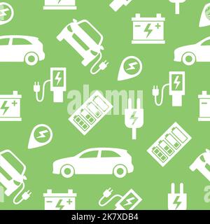 Nahtloses Muster mit Elektroautos, Ladestationen und Batteriesymbolen. Weiße Symbole auf grünem Hintergrund. Stock Vektor