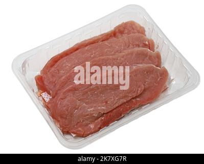 Frisches Schweineschnitzel, Schweinekotelett in Kunststoffschale isoliert auf weißem Hintergrund, Draufsicht Stockfoto