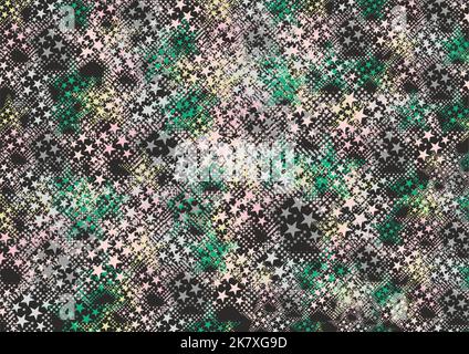 Farbige Sterne Hintergrund für Feiertage oder Veranstaltungen. Sternchen in einem grün-rosa-gelben Schlüssel vor einem schwarzen Hintergrund für Modetrends, Scrapbooking Stockfoto