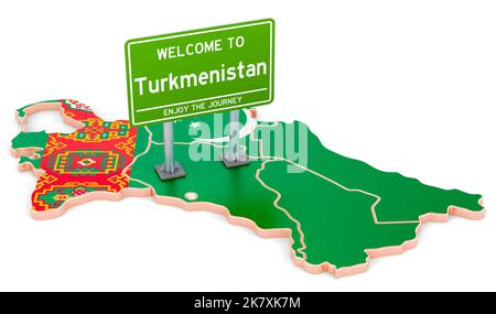 Billboard Willkommen in Turkmenistan auf turkmenischer Karte, 3D Rendering isoliert auf weißem Hintergrund Stockfoto
