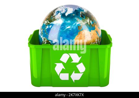 Recycling-Papierkorb mit Earth Globe, 3D Rendering isoliert auf weißem Hintergrund Stockfoto