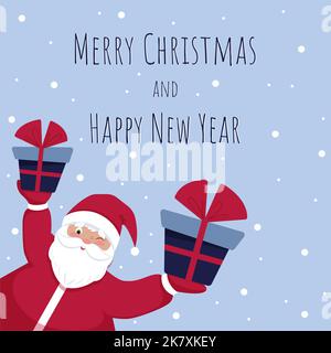 Weihnachtsmann gibt Geschenke Grußkarte, Frohe Weihnachten und Neujahr. Vektor-Illustration im flachen Cartoon-Stil Stock Vektor