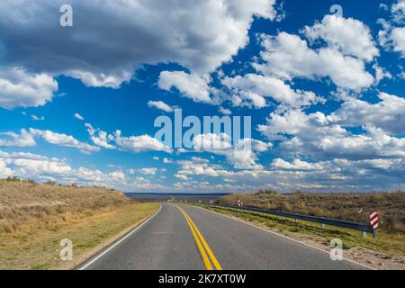 Route in der Pampas-Ebene, Patagonien, Argentinien Stockfoto