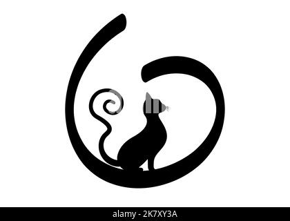 Schwarze Katze Silhouette mit lockigem Schwanz, Katzentier runde Logo Vorlage, Vektor-Illustration isoliert auf weißem Hintergrund Stock Vektor