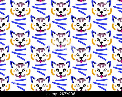 Nahtloses Vektor-Muster aus niedlichen Line Art Katzen Stock Vektor