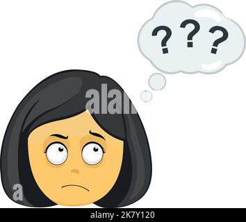 Vektor-Emoji-Illustration einer gelben Cartoon-Frau mit einem denkenden Ausdruck oder Zweifel, mit einer Wolke von Gedanken mit Fragezeichen Stock Vektor