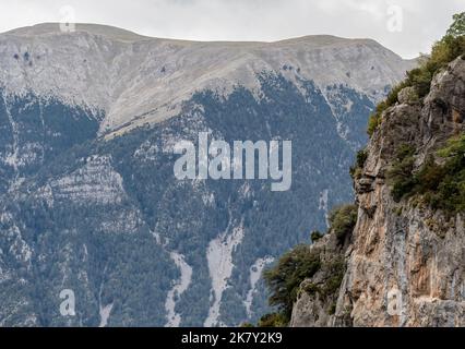 Herrliche Aussicht auf die spanischen Pyrenäen mit Felsvorsprüngen und bewaldeten Hängen Stockfoto