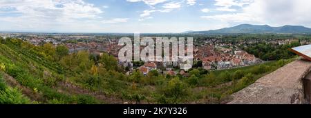 Blick auf das National Memorial of Forced Incorporated, die terrassenförmigen Reben und das Dorf dahinter Stockfoto