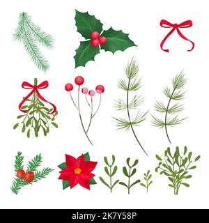 Traditionelle Corporate Holiday Karte mit Weihnachtsbaum, Rentiere, verzierten Blumenrahmen, Hintergrund. Set aus Zweigen, Blättern und Beeren Stockfoto