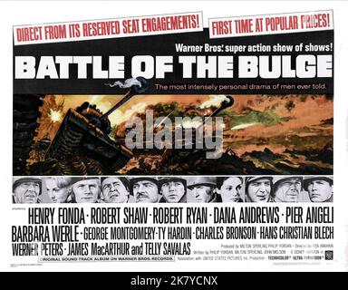 Henry Fonda, Barbara Werle, Robert Shaw, Robert Ryan, Pier Angeli, Telly Savalas & Charles Bronson Poster Film: Battle of the Bulge (USA 1968) Regie: Ken Annakin 16 December 1965 **WARNUNG** Dieses Foto ist nur für den redaktionellen Gebrauch bestimmt und unterliegt dem Copyright von WARNER BROS. Und/oder den Fotografen, der vom Film- oder Produktionsunternehmen beauftragt wurde und nur durch Publikationen im Zusammenhang mit der Bewerbung des oben genannten Films reproduziert werden kann. Eine obligatorische Gutschrift an WARNER BROS. Ist erforderlich. Der Fotograf sollte auch bei Bekanntwerden des Fotos gutgeschrieben werden. Ohne schriftliche Genehmigung kann keine kommerzielle Nutzung gewährt werden Stockfoto