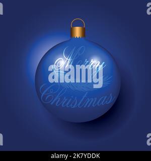 Dunkelblaue Weihnachtskugel mit Band und Schleife auf blauem Hintergrund. Vektorgrafik, kein Raster. Weihnachtsdekoration Stock Vektor
