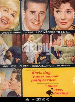 Doris Day, James Garner & Polly Bergen Film Poster Film: Move Over, Darling (USA 1963) Regie: Michael Gordon 19 December 1963 **WARNUNG** Dieses Foto ist nur für den redaktionellen Gebrauch bestimmt und unterliegt dem Copyright von 20. CENTURY FOX / JAMES MITCHELL und/oder des Fotografen, der von der Film- oder Produktionsfirma beauftragt wurde.Es kann nur von Publikationen im Zusammenhang mit der Bewerbung des oben genannten Films reproduziert werden. Eine obligatorische Gutschrift an 20. CENTURY FOX / JAMES MITCHELL ist erforderlich. Ohne schriftliche Genehmigung der Film Company kann keine kommerzielle Nutzung gewährt werden. Stockfoto