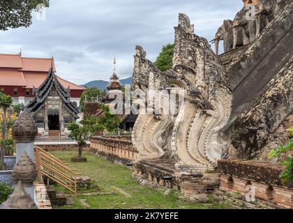 Basis der Haupt-Stupa mit wunderschönem alten Naga- und Elefantenstuckdekor im buddhistischen Tempel Wat Chedi Luang, dem berühmten Wahrzeichen von Chiang Mai, Thailand Stockfoto