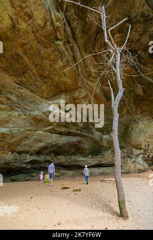 Logan, Ohio - Ash Cave im Hocking Hills State Park. Der riesige Überhang ist 700 Meter lang, 100 Meter tief und 90 Meter hoch. Es wurde von Nat als Unterschlupf genutzt Stockfoto