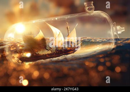 Piratenschiff im Miniaturformat in einer Glasflasche, die bei Sonnenuntergang auf dem Meer schwebt. Segeltörn aus dem 16.. Jahrhundert in der Flasche. Stockfoto