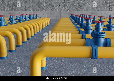 Anordnung von Rohöl- und Erdgasleitungen auf Asphaltboden. Illustration des Konzepts der Ölraffinerie-Industrie Stockfoto