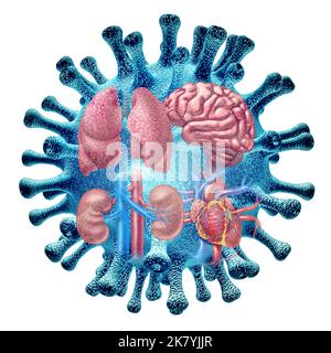 Virusorgan-Infektion und Long Covid-Syndrom oder Coronavirus-Pandemiesymptome, die als Spediteur einer Virusinfektion auf dem Herz der Lunge fortbestehen. Stockfoto