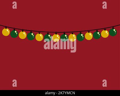 Illustration von hängenden gelben und grünen Weihnachtskugeln auf rotem Hintergrund Stockfoto