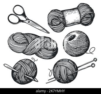 Skizze aus Wollgarn. Handgefertigte Designelemente aus Nadelarbeit. Set mit Strickwerkzeugen. Handgezeichnete Vektor-Illustration im Vintage-Stil Stock Vektor