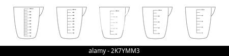 Set mit Messbecher mit 1-Liter-, 500-, 250-, 100- und 50-ml-Flüssigkeitsvolumen-Skala. Flüssige Behälter zum Vorbereiten des Garvorgangs. Vektordarstellung. Stock Vektor