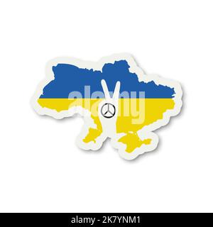 Handgeste Pazifisches Zeichen auf dem Hintergrund der Karte der Ukraine in den Farben der ukrainischen Flagge. Anti War Call, Symbol, Papieraufkleber. Kampf Stock Vektor