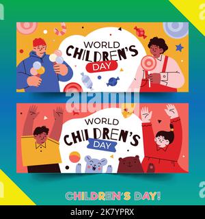 Handgezeichnete flache Welt Kinder s day horizontale Banner Set Vektor Design Illustration Stock Vektor