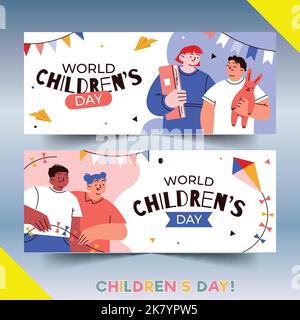 Handgezeichnete flache Welt Kinder s day horizontale Banner Set Vektor Design Illustration Stock Vektor