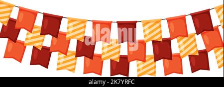 Thanksgiving-Ammer Girlande mit orangefarbener, roter und gelber Flagge. Herbstferien Party Dekoration. Herbst Wimpel Kette.feiert Karikatur-Flaggen für Dekor Stock Vektor