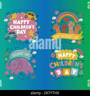 doodle Hand gezeichnet Kinder Tag Aufkleber Set Vektor Design Illustration Stock Vektor