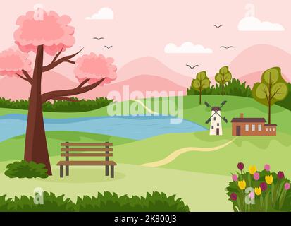 Druck mit ländlicher Landschaft im Frühling. Haus und Mühle, blühende Bäume und Sträucher, Bank und See. Stock Vektor