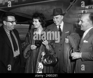 Martin Ritt, Sophia Loren, Carlo Ponti & Marcelle Giresi Film: The Black Orchid (USA 1958) Schauspielerin und Ehemann, die zum Filmen am Flughafen Los Angeles ankamen, begrüßt von Regisseur und Produzentendirektor: Martin Ritt 03. September 1958 **WARNUNG** Dieses Foto ist nur für redaktionelle Zwecke bestimmt und unterliegt dem Copyright von PARAMOUNT und/oder des Fotografen, der von der Film- oder Produktionsfirma beauftragt wurde und darf nur von Publikationen im Zusammenhang mit der Bewerbung des oben genannten Films reproduziert werden. Eine obligatorische Gutschrift an PARAMOUNT ist erforderlich. Der Fotograf sollte auch bei Bekanntwerden des Fotos gutgeschrieben werden. Keine kommerzielle Nutzung Stockfoto