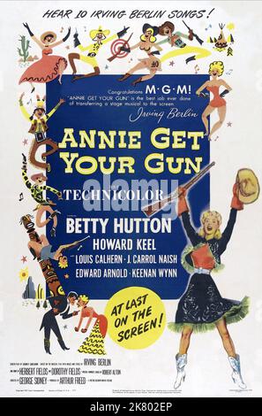 Betty Hutton Poster Film: Annie Get Your Gun (USA 1950) Charaktere: Annie Oakley / Titel auch: 'Annie Get Your Gun - Annie, Schieß Los!' Regie: George Sidney 17 May 1950 **WARNUNG** Dieses Foto ist nur für redaktionelle Zwecke bestimmt und unterliegt dem Copyright von MGM und/oder dem Fotografen, der von der Film- oder Produktionsfirma beauftragt wurde, und kann nur von Publikationen im Zusammenhang mit der Bewerbung des oben genannten Films reproduziert werden. Eine obligatorische Gutschrift an MGM ist erforderlich. Der Fotograf sollte auch bei Bekanntwerden des Fotos gutgeschrieben werden. Ohne schriftliche Genehmigung der Film Company kann keine kommerzielle Nutzung gewährt werden. Stockfoto